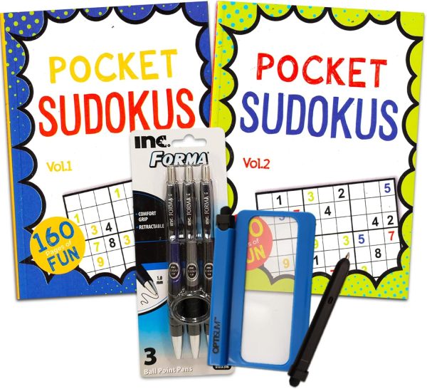"كتابان بحجم الجيب سودوكو للكبار وكبار السن - مجموعة من كتابين بحجم السفر مع 160 صفحة لكل منهما بالإضافة إلى 3 أقلام وعدسة مكبرة | أكثر من 300 لغز سودوكو"