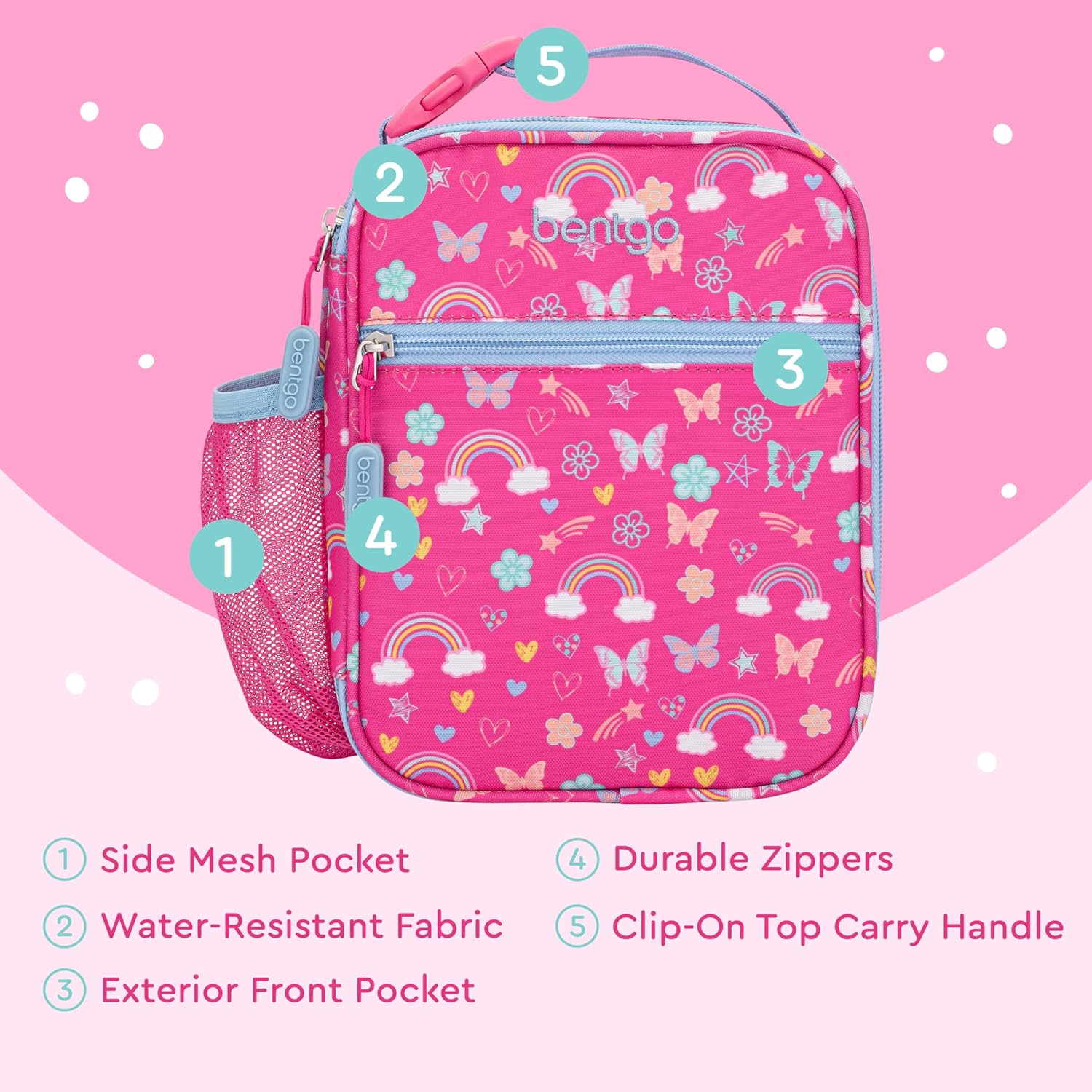 حقيبة غذاء معزولة للأطفال من Bentgo® - مقاومة للماء، قابلة لإعادة الاستخدام، خفيفة الوزن ومتينة، مع حامل زجاجة ماء وجيب شبكي، تناسب صندوق الغداء وزجاجة الماء - مثالية للأعمار من 3 سنوات فما فوق (قوس قزح) - Image 6