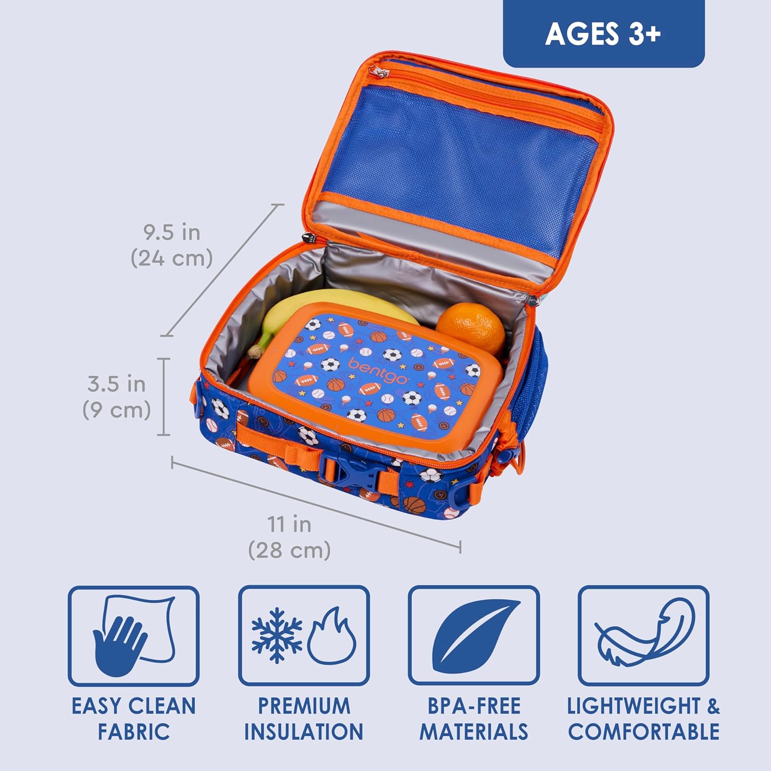 حقيبة غداء للأطفال من Bentgo® - حقيبة غداء متينة ومعزولة مزدوجًا للأطفال من عمر 3 سنوات فما فوق؛ تستوعب صندوق الغداء، زجاجة الماء، والوجبات الخفيفة؛ نسيج مقاوم للماء وسهل التنظيف مع جيوب متعددة بسحابات (رياضة) - Image 3