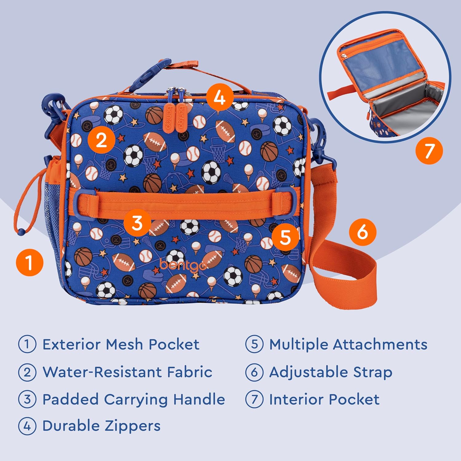 حقيبة غداء للأطفال من Bentgo® - حقيبة غداء متينة ومعزولة مزدوجًا للأطفال من عمر 3 سنوات فما فوق؛ تستوعب صندوق الغداء، زجاجة الماء، والوجبات الخفيفة؛ نسيج مقاوم للماء وسهل التنظيف مع جيوب متعددة بسحابات (رياضة) - Image 4