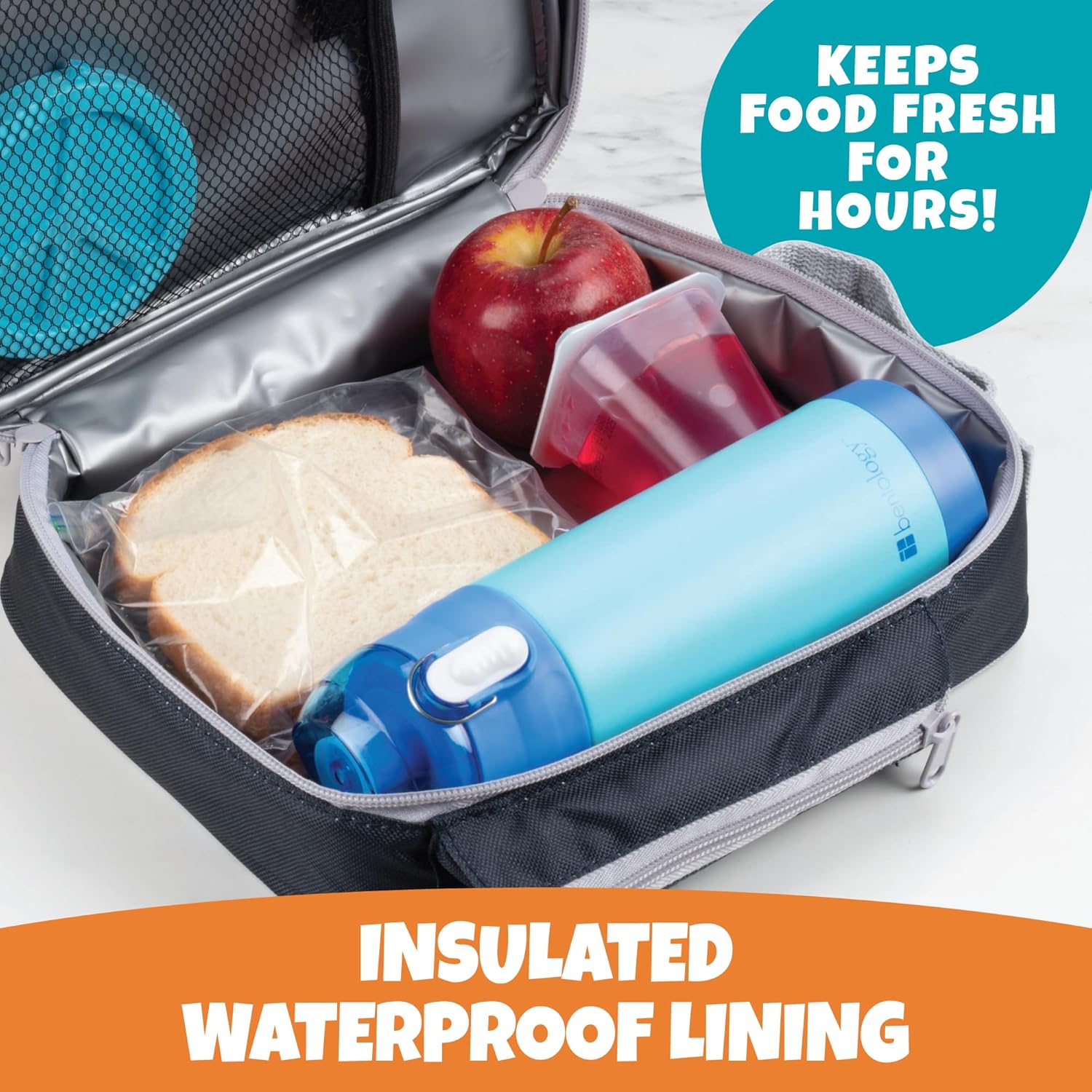 حقيبة غذاء معزولة بجيب للوجبات الخفيفة وحامل زجاجة ماء - حقيبة غداء مدرسية للأولاد أو الأطفال تبقي الطعام دافئًا أو باردًا لفترة أطول - حقيبة قابلة لإعادة الاستخدام تناسب معظم صناديق بنتو، أكياس الثلج، وحاويات التعشيش - أزرق - Image 2