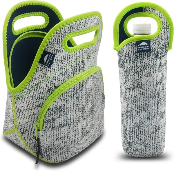 "حقيبة غداء من النيوبرين للنساء والرجال، حقيبة غداء معزولة بسماكة إضافية مع حافظة زجاجة ماء، متينة وقابلة لإعادة الاستخدام وقابلة للغسيل في الماكينة، رمادي/نيون"